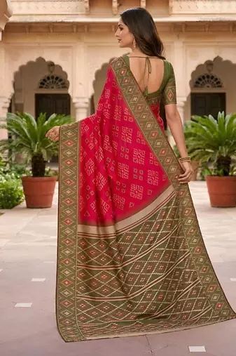 Rani pink color silk blend ikkat pattern woven work sarees