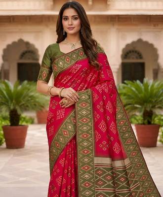 Rani pink color silk blend ikkat pattern woven work sarees 4