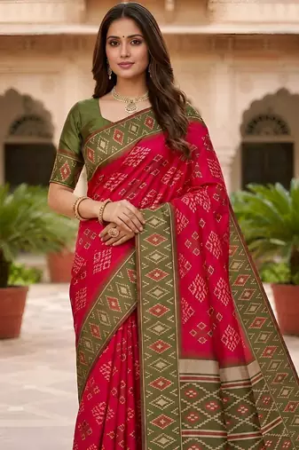 Rani pink color silk blend ikkat pattern woven work sarees
