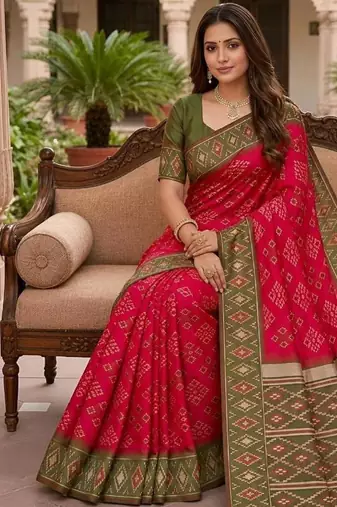 Rani pink color silk blend ikkat pattern woven work sarees