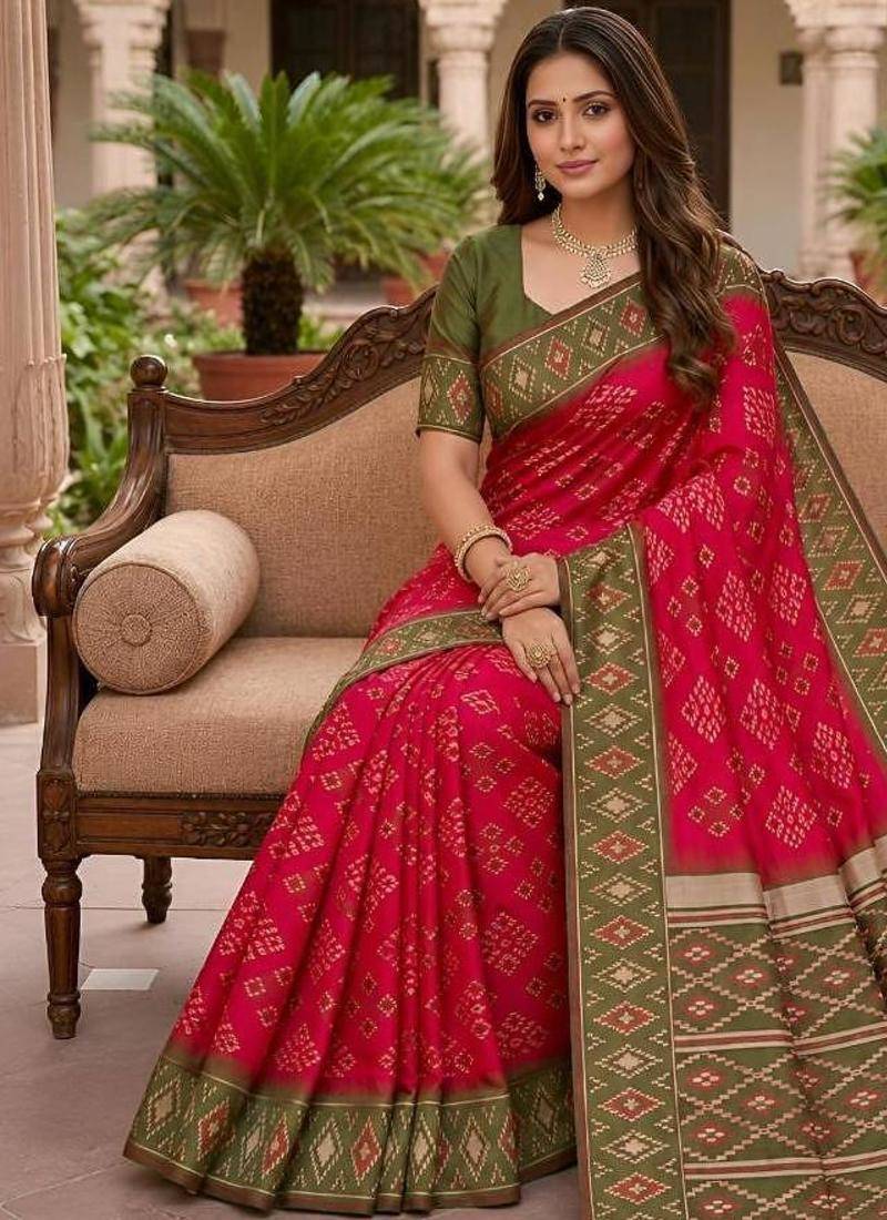 Rani pink color silk blend ikkat pattern woven work sarees