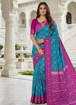 Sky blue color silk blend ikkat pattern woven work sarees 1