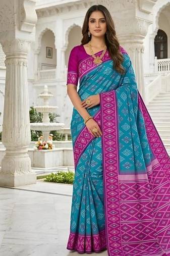 Sky blue color silk blend ikkat pattern woven work sarees