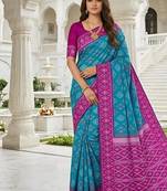 Sky blue color silk blend ikkat pattern woven work sarees