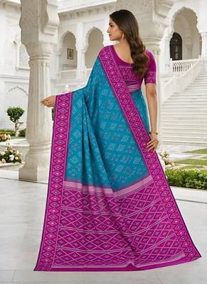 Sky blue color silk blend ikkat pattern woven work sarees 2