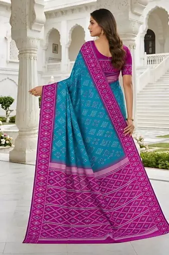 Sky blue color silk blend ikkat pattern woven work sarees