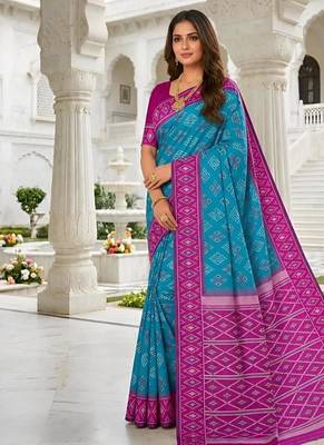 Sky blue color silk blend ikkat pattern woven work sarees 3