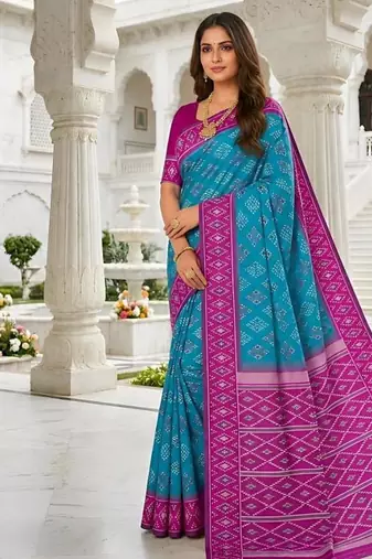 Sky blue color silk blend ikkat pattern woven work sarees
