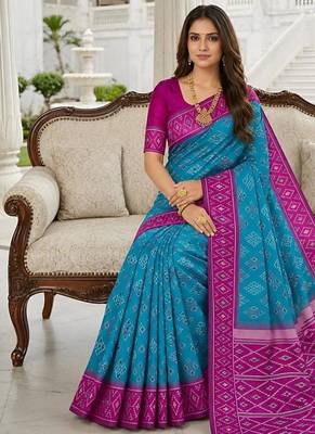 Sky blue color silk blend ikkat pattern woven work sarees 4