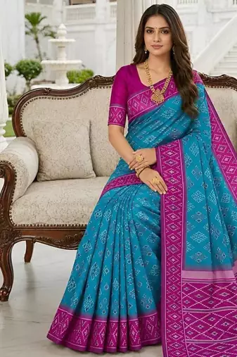 Sky blue color silk blend ikkat pattern woven work sarees