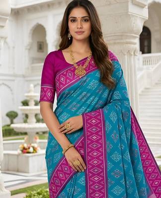 Sky blue color silk blend ikkat pattern woven work sarees 5