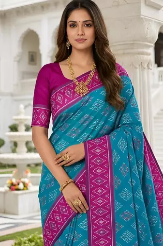 Sky blue color silk blend ikkat pattern woven work sarees
