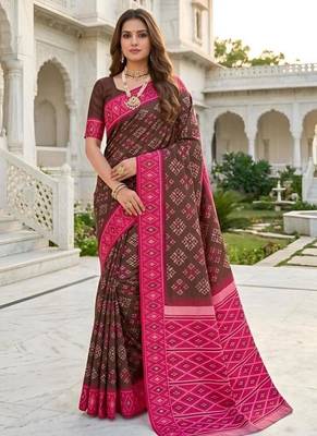Brown color silk blend ikkat pattern woven work sarees 1