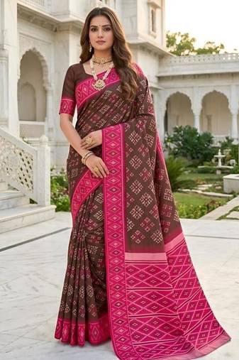 Brown color silk blend ikkat pattern woven work sarees
