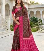 Brown color silk blend ikkat pattern woven work sarees