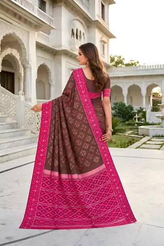 Brown color silk blend ikkat pattern woven work sarees