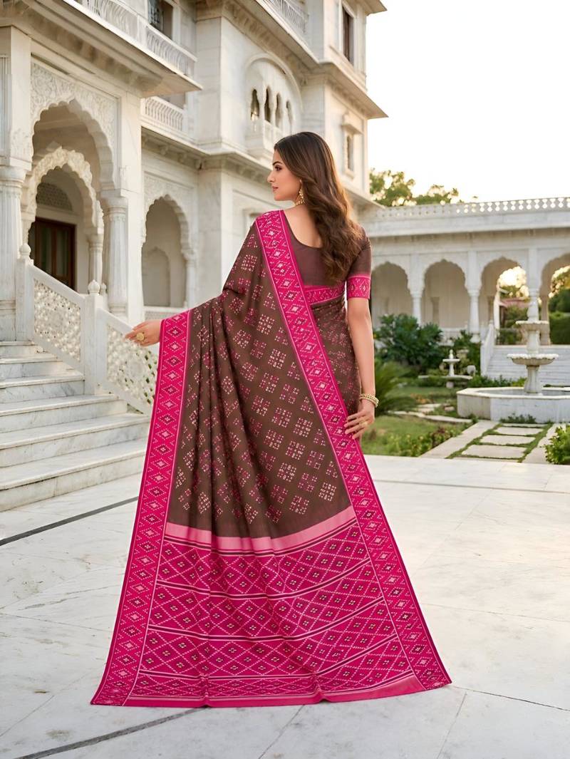 Brown color silk blend ikkat pattern woven work sarees