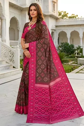 Brown color silk blend ikkat pattern woven work sarees
