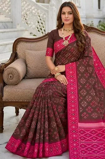 Brown color silk blend ikkat pattern woven work sarees