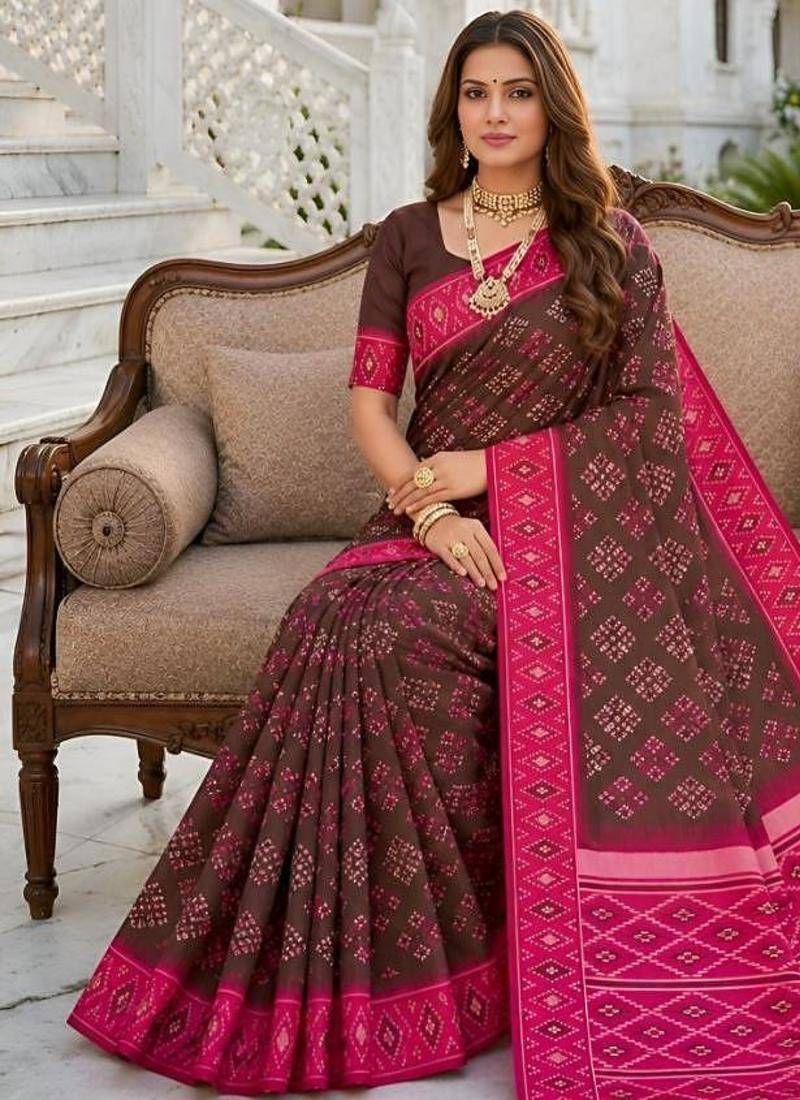 Brown color silk blend ikkat pattern woven work sarees
