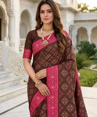 Brown color silk blend ikkat pattern woven work sarees 5