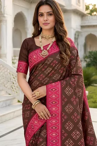 Brown color silk blend ikkat pattern woven work sarees