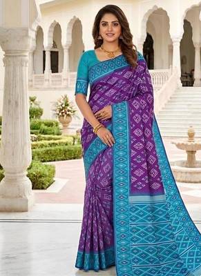Purple color silk blend ikkat pattern woven work sarees 1