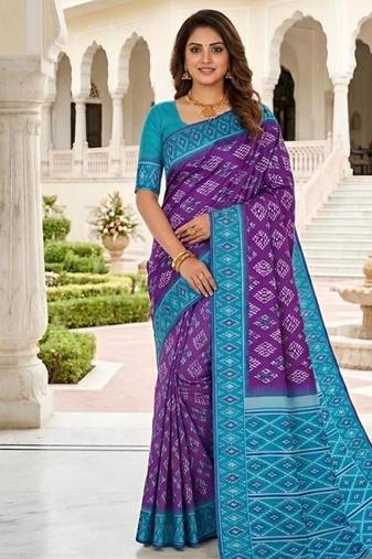 Purple color silk blend ikkat pattern woven work sarees