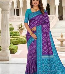 Purple color silk blend ikkat pattern woven work sarees