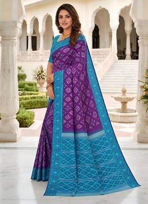 Purple color silk blend ikkat pattern woven work sarees 2