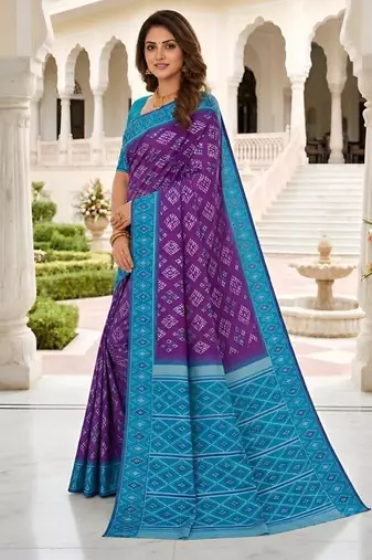 Purple color silk blend ikkat pattern woven work sarees