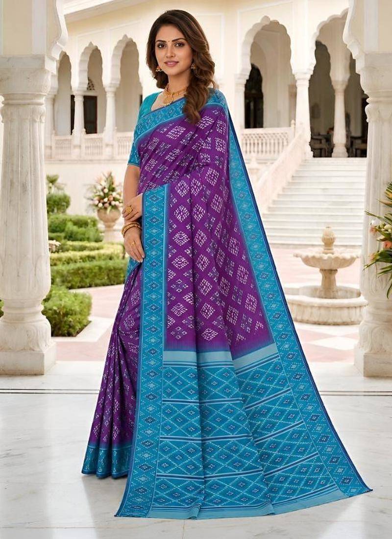 Purple color silk blend ikkat pattern woven work sarees