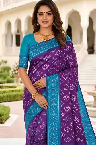 Purple color silk blend ikkat pattern woven work sarees