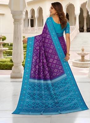 Purple color silk blend ikkat pattern woven work sarees 4