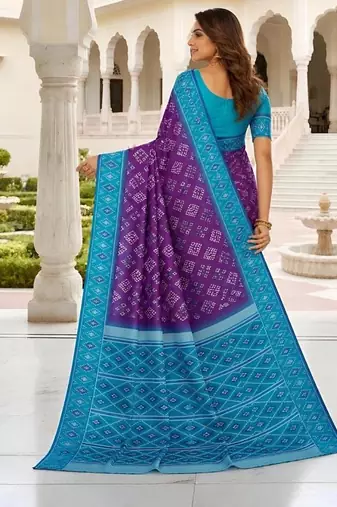 Purple color silk blend ikkat pattern woven work sarees
