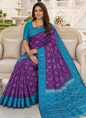 Purple color silk blend ikkat pattern woven work sarees 5