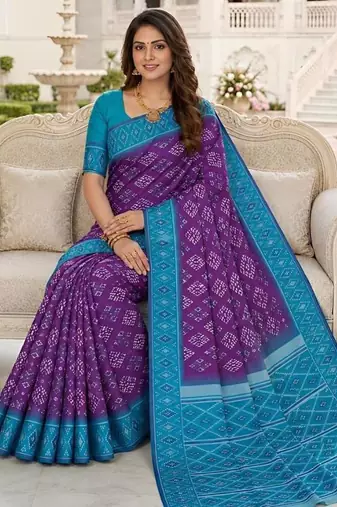 Purple color silk blend ikkat pattern woven work sarees