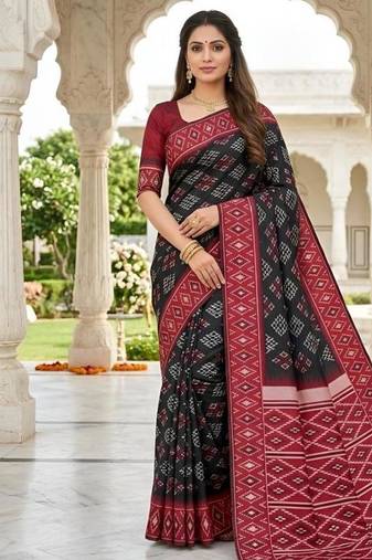 Black color silk blend ikkat pattern woven work sarees