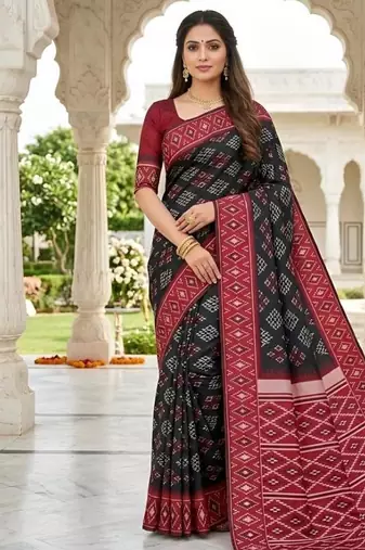 Black color silk blend ikkat pattern woven work sarees