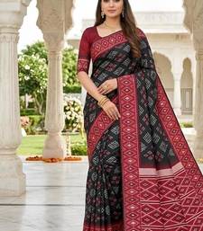 Black color silk blend ikkat pattern woven work sarees