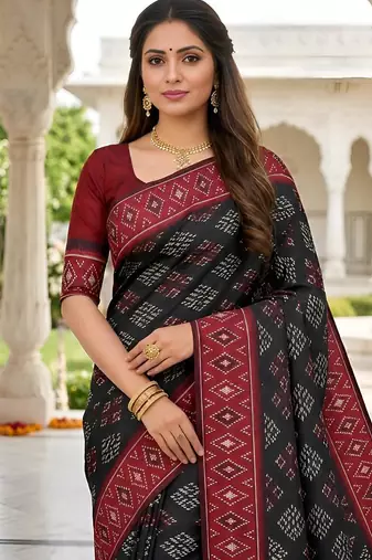 Black color silk blend ikkat pattern woven work sarees