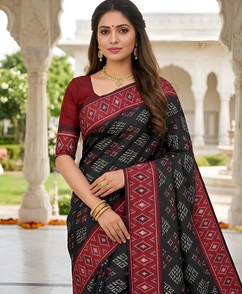 Black color silk blend ikkat pattern woven work sarees