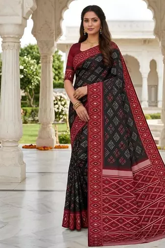 Black color silk blend ikkat pattern woven work sarees
