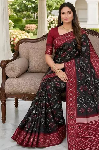 Black color silk blend ikkat pattern woven work sarees