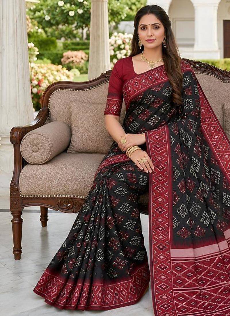 Black color silk blend ikkat pattern woven work sarees
