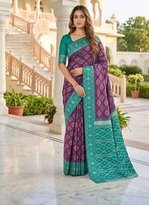 Wine color silk blend ikkat pattern woven work sarees 1
