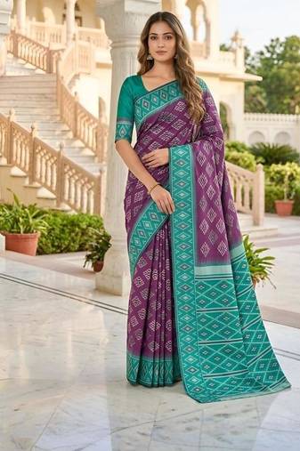 Wine color silk blend ikkat pattern woven work sarees