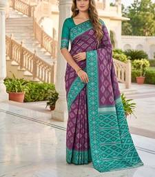 Wine color silk blend ikkat pattern woven work sarees