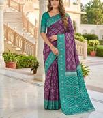 Wine color silk blend ikkat pattern woven work sarees