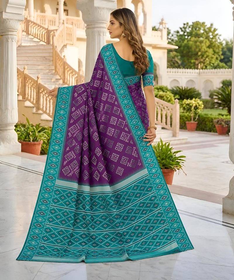 Wine color silk blend ikkat pattern woven work sarees